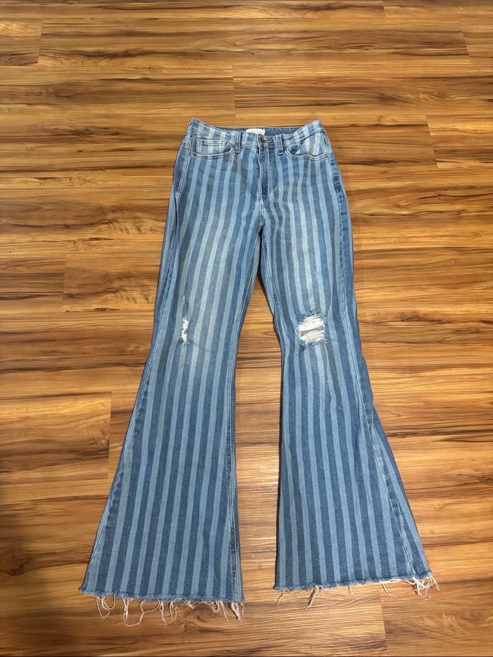 Cello Blue Striped Wide-Leg Flare Jeans